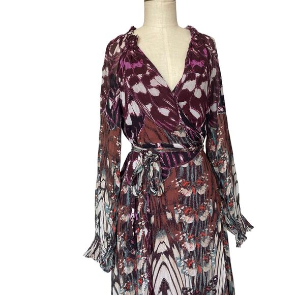ANTHROPOLOGIE Midi Wrap Dress Small Long Sleeve Butterfly Purple Boho Ruffle - Picture 6 of 11